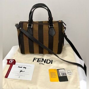 Fendi Boston Speedy Pequin Jacquard Black Gold Dark Brown Leather Bag Excellent